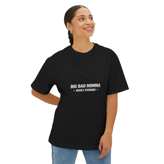 Person wearing a black t-shirt with 'BIG BAD MOMMA BUILT STRONG' text on a white background
