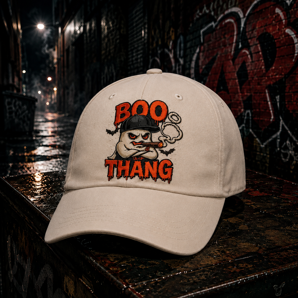 "Boo Bastic Natural embroidered dad cap displayed in rain-slicked urban alley at night, bold Boo Thang ghost character smoking cigar with red embroidery detail on front panel"