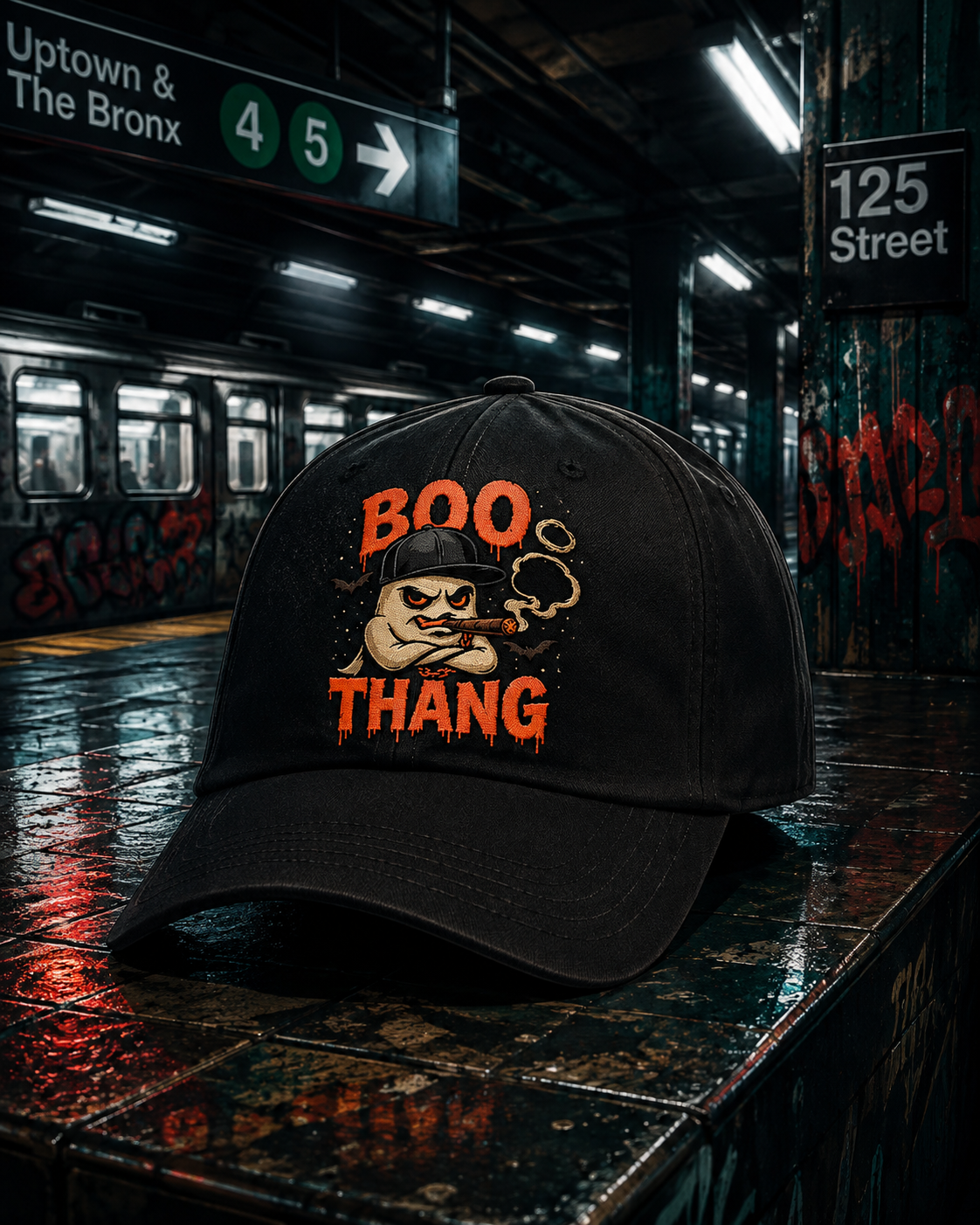 Boo Bastic black embroidered dad cap resting on NYC subway platform bench at 125th Street, Boo Thang ghost character design in orange on front panel
