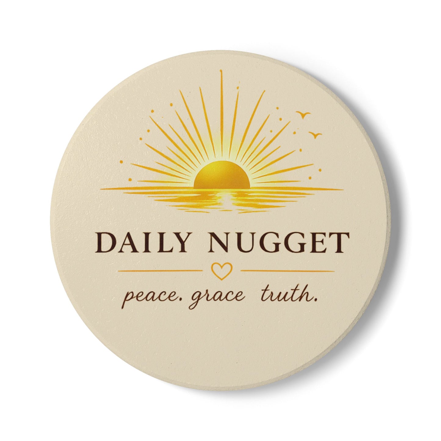 "Daily Nugget ceramic coaster with golden sunrise and 'peace. grace. truth.' quote — Grace Out Loud collection"