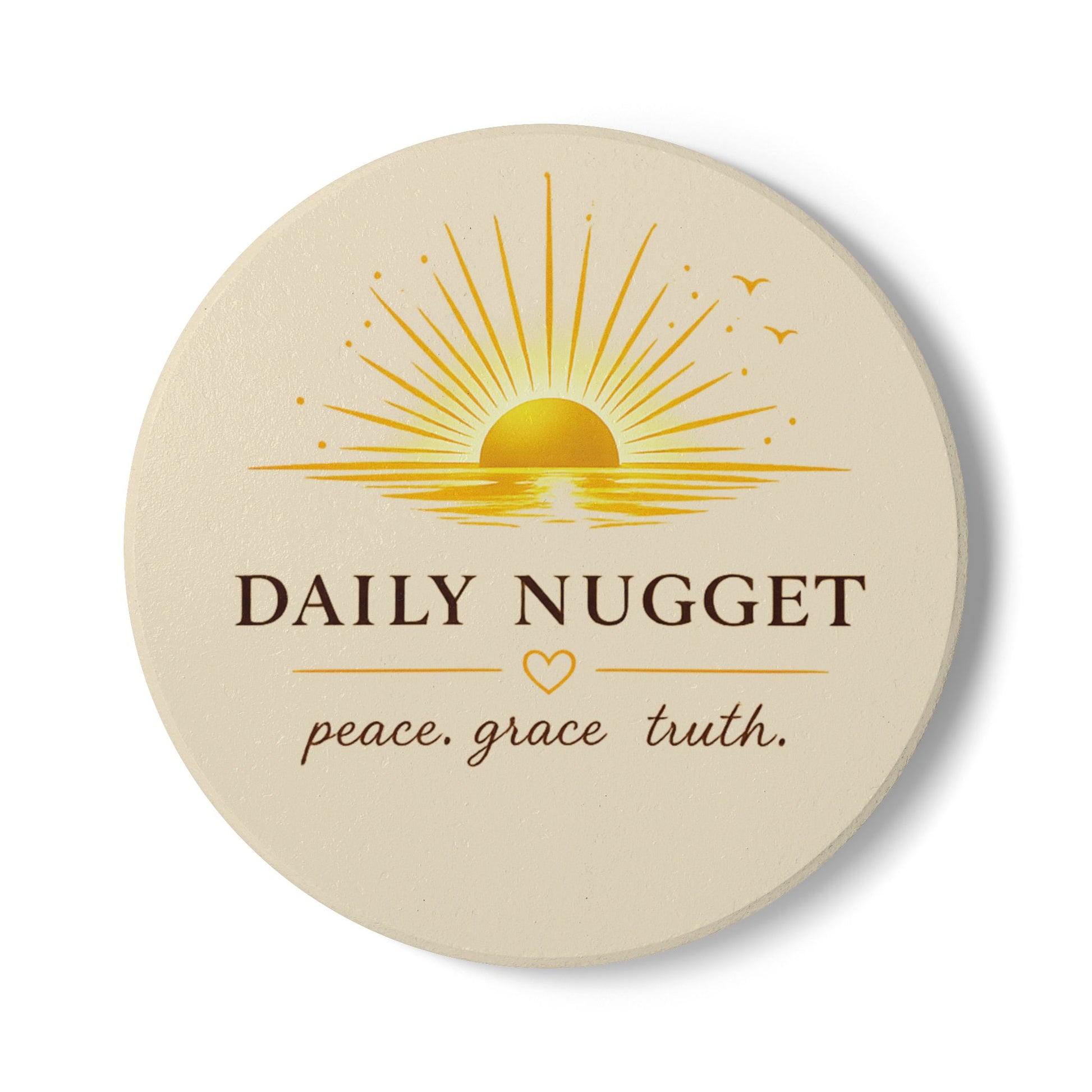 "Daily Nugget ceramic coaster with golden sunrise and 'peace. grace. truth.' quote — Grace Out Loud collection"
