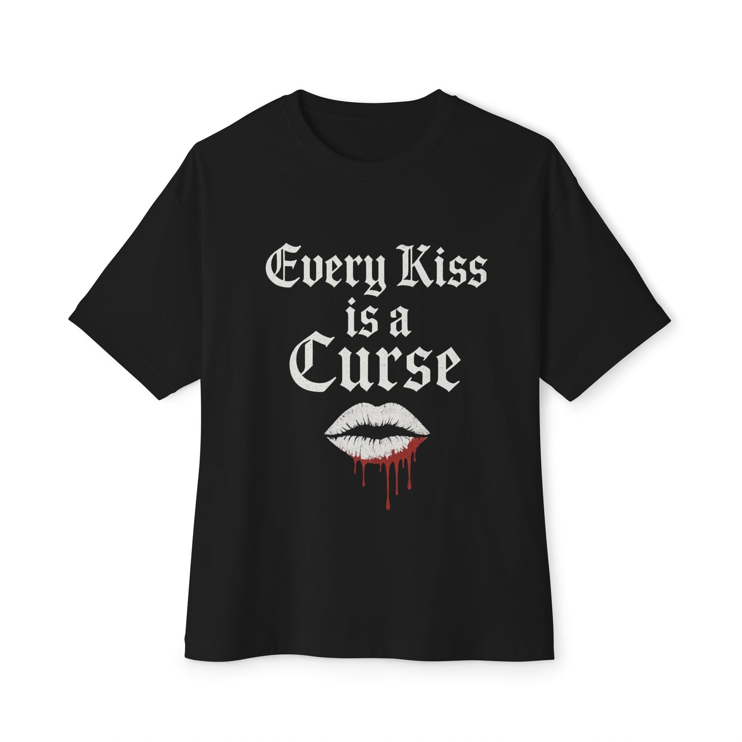 Black t-shirt with 'Every Kiss is a Curse' text and graphic on a white background
