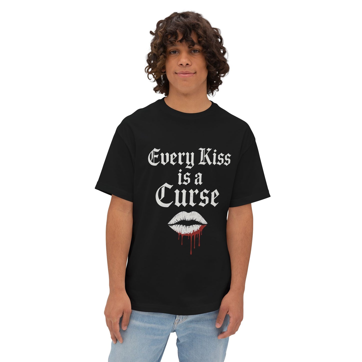 Person wearing a black t-shirt with 'Every Kiss is a Curse' text and graphic.