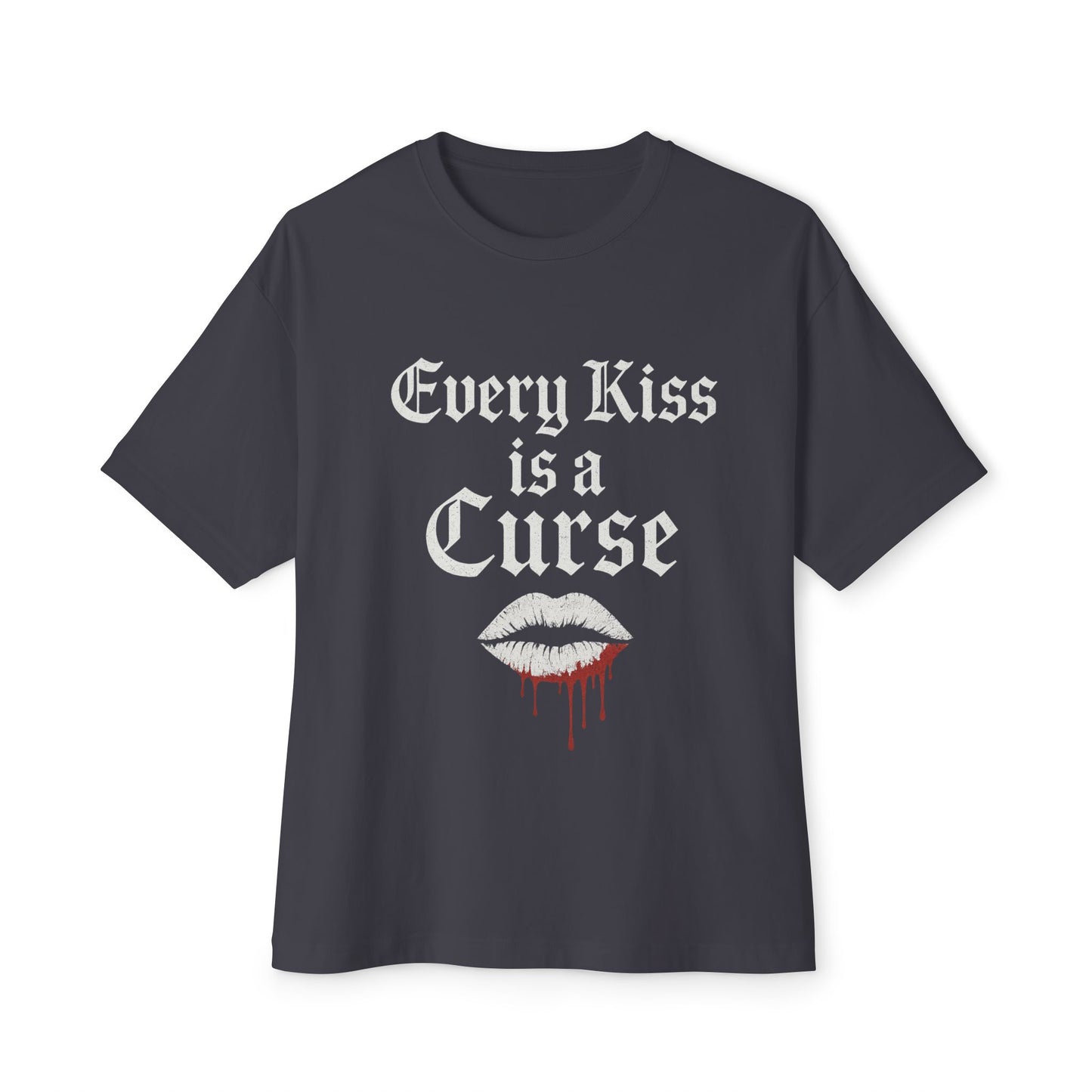 gray t-shirt with 'Every Kiss is a Curse' text and lip graphic on a white background