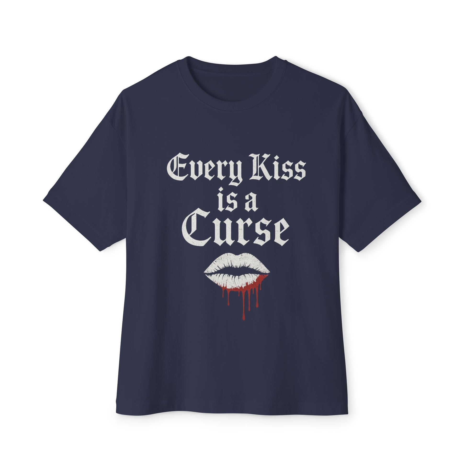 Navy blue t-shirt with 'Every Kiss is a Curse' text and lip graphic on a white background
