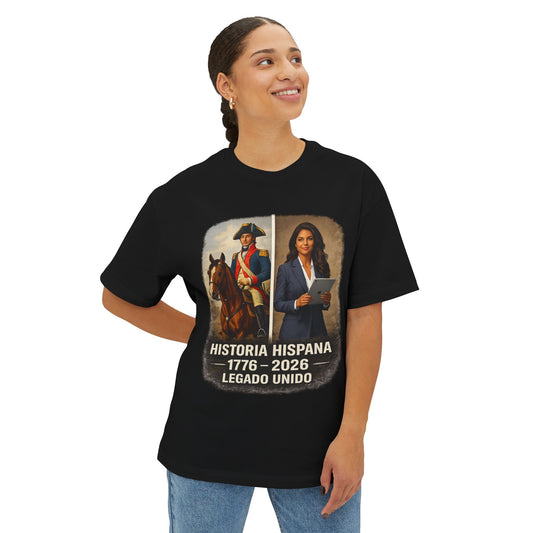 Person wearing a black t-shirt with Hispanic history design on a white background
