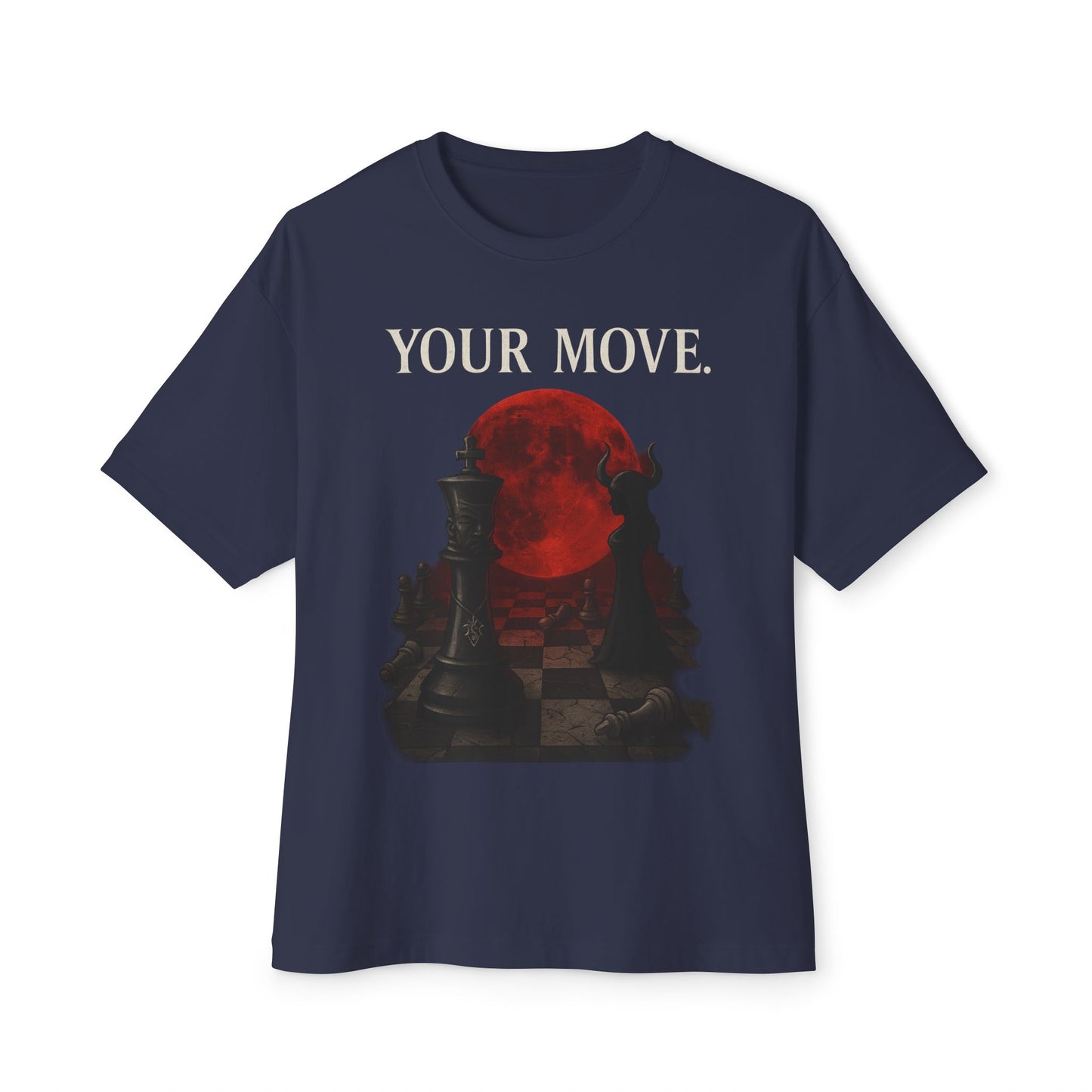 Navy blue t-shirt with a red and black graphic and 'YOUR MOVE.' text on a white background