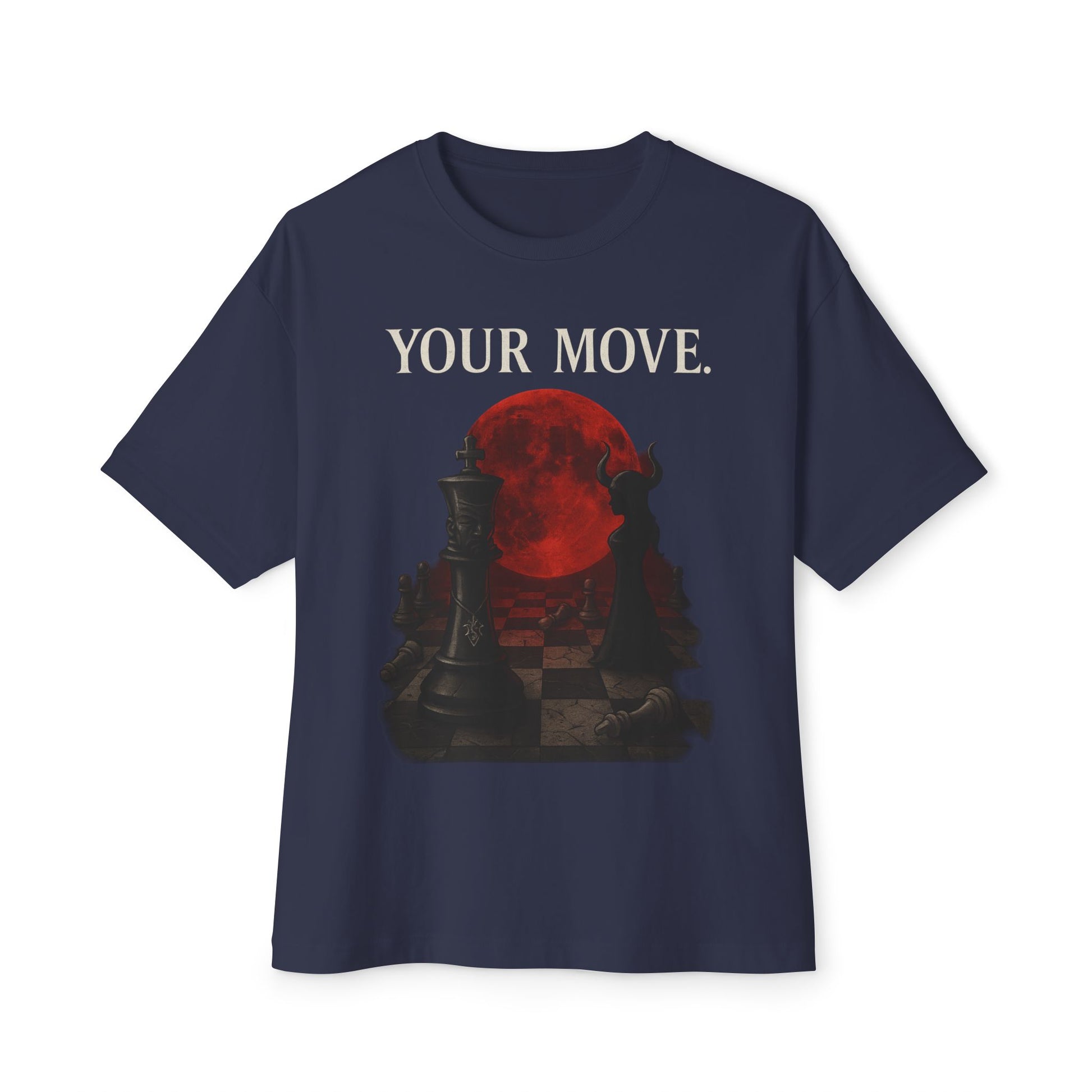 Navy blue t-shirt with a red and black graphic and 'YOUR MOVE.' text on a white background