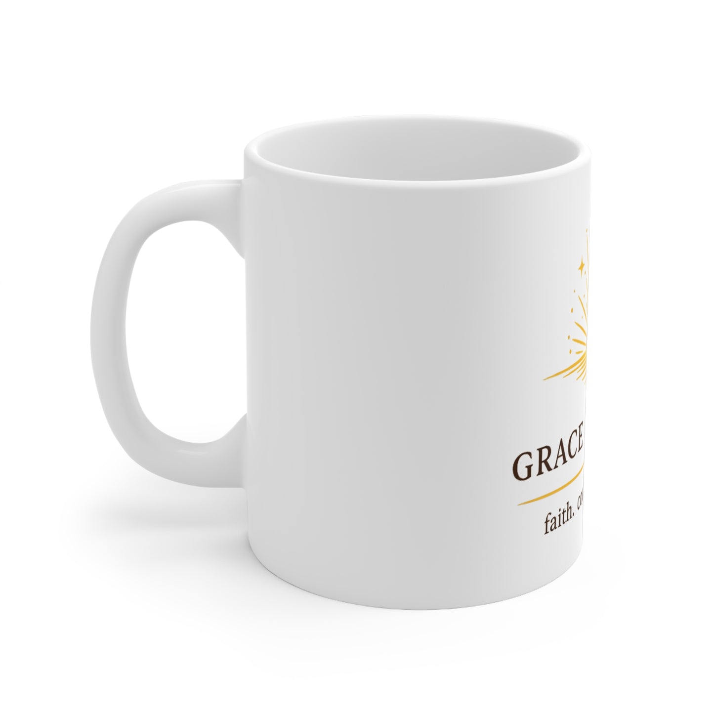 Grace Out Loud inspirational ceramic coffee mug with sunrise design