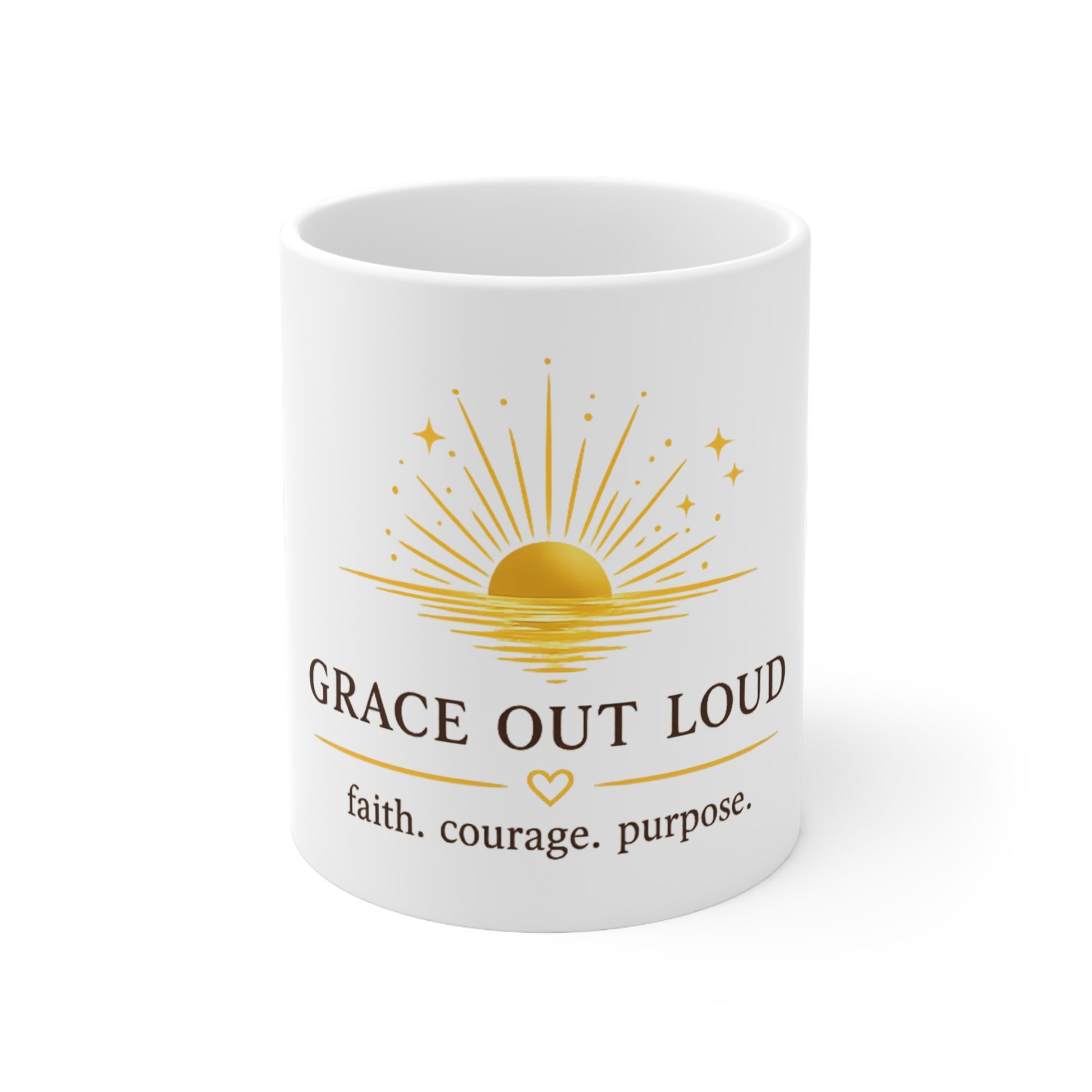 Grace Out Loud inspirational ceramic coffee mug with sunrise design