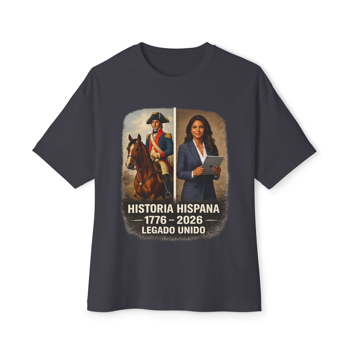 Gray t-shirt with a graphic of a man on horseback and a woman holding a tablet, with text 'Historia Hispana 1776-2026 Legado Unido' on a white background.