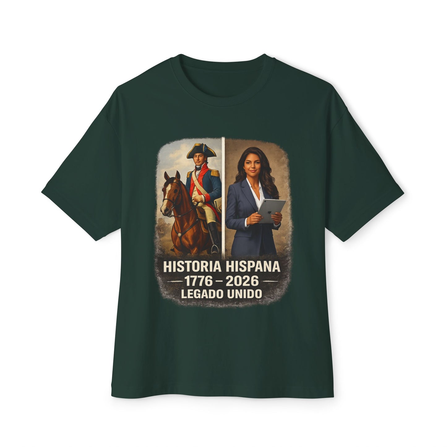 GREEN  t-shirt with a graphic of a man on horseback and a woman holding a tablet, with text 'Historia Hispana 1776-2026 Legado Unido' on a white background.