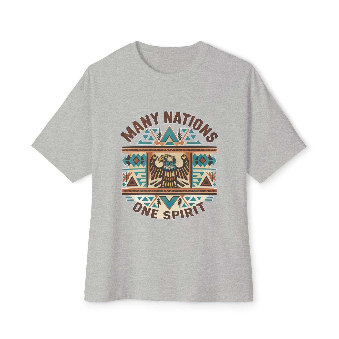 Gray t-shirt with 'Many Nations One Spirit' design on a white background