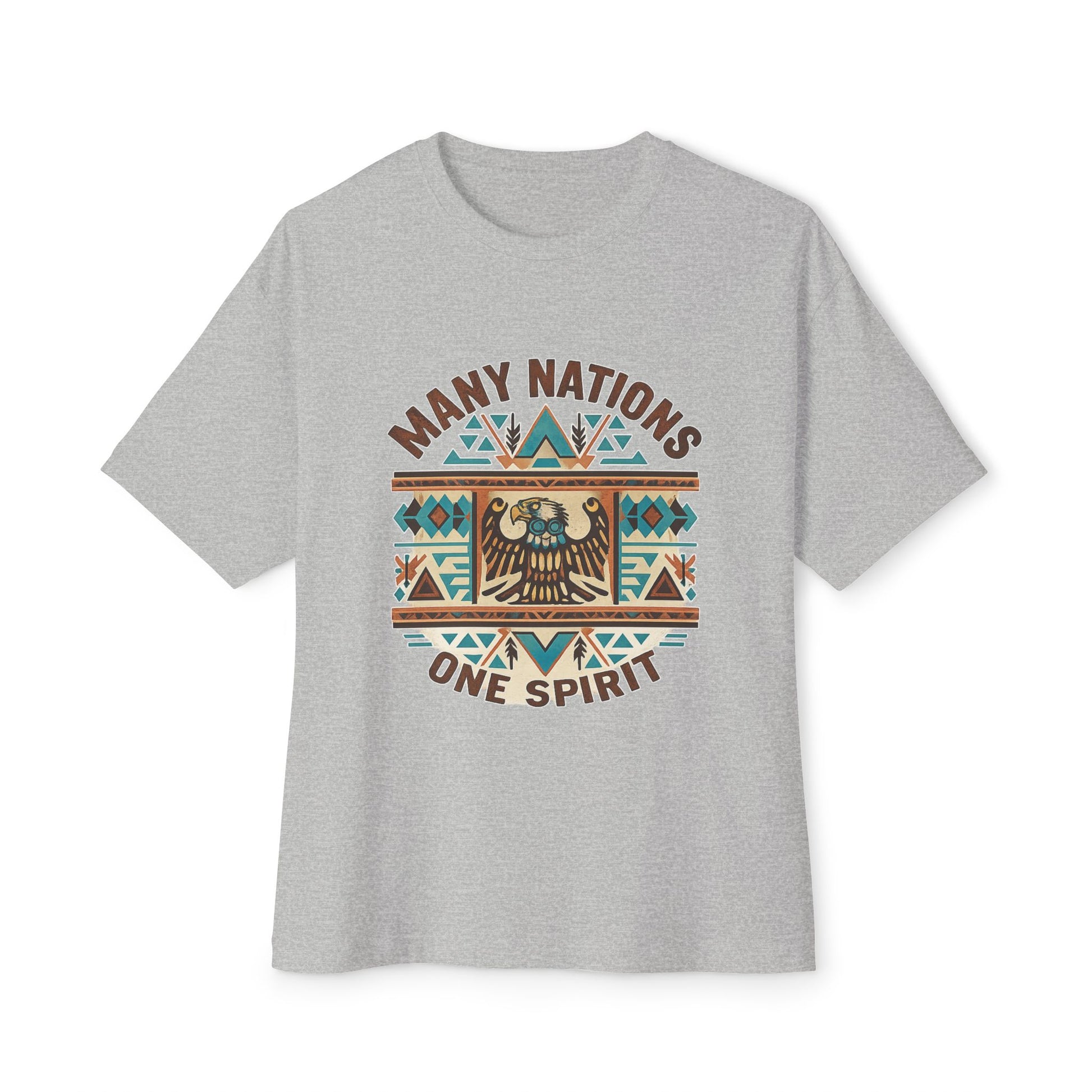 Gray t-shirt with 'Many Nations One Spirit' design on a white background