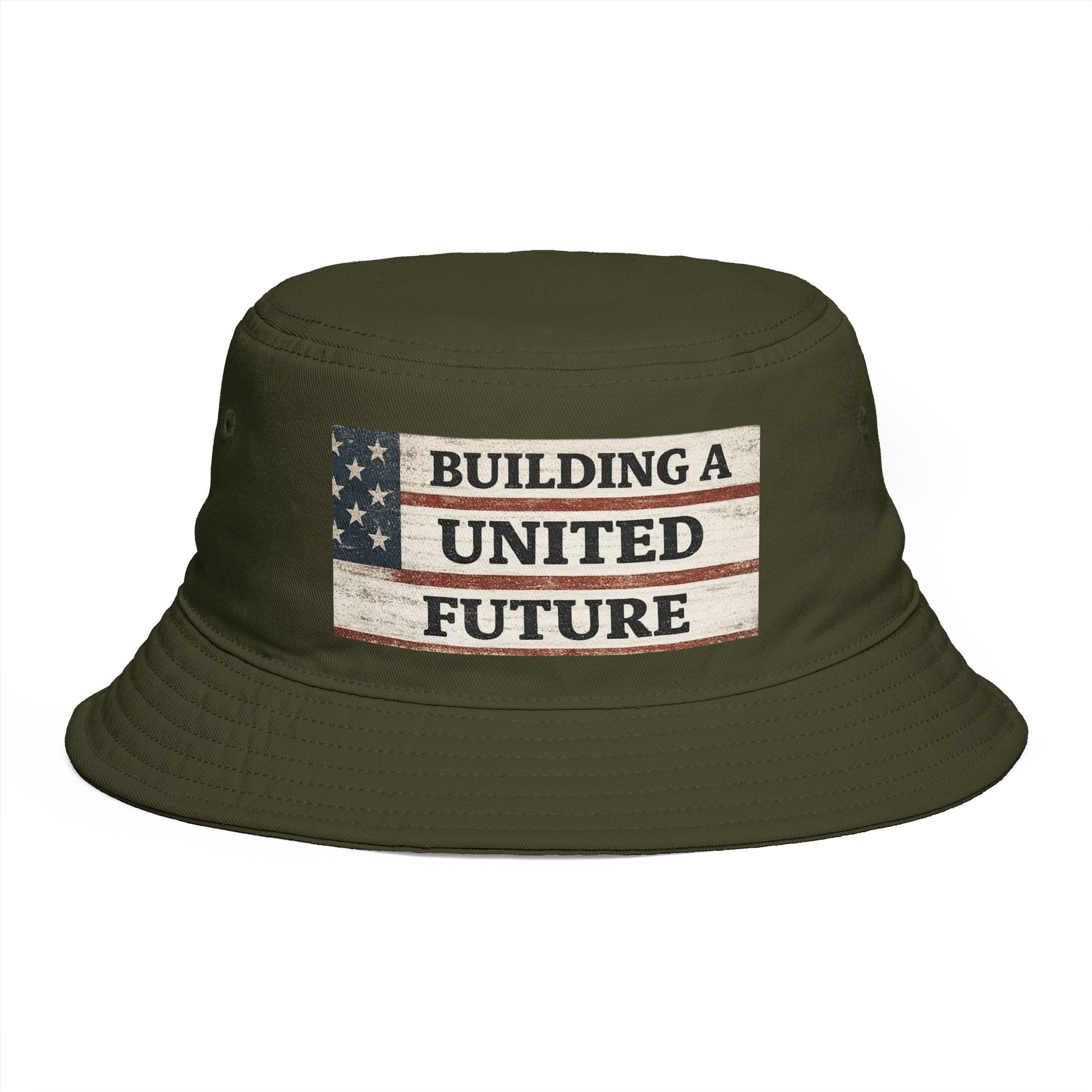 Green bucket hat with 'Building a United Future' text and American flag design on a white background