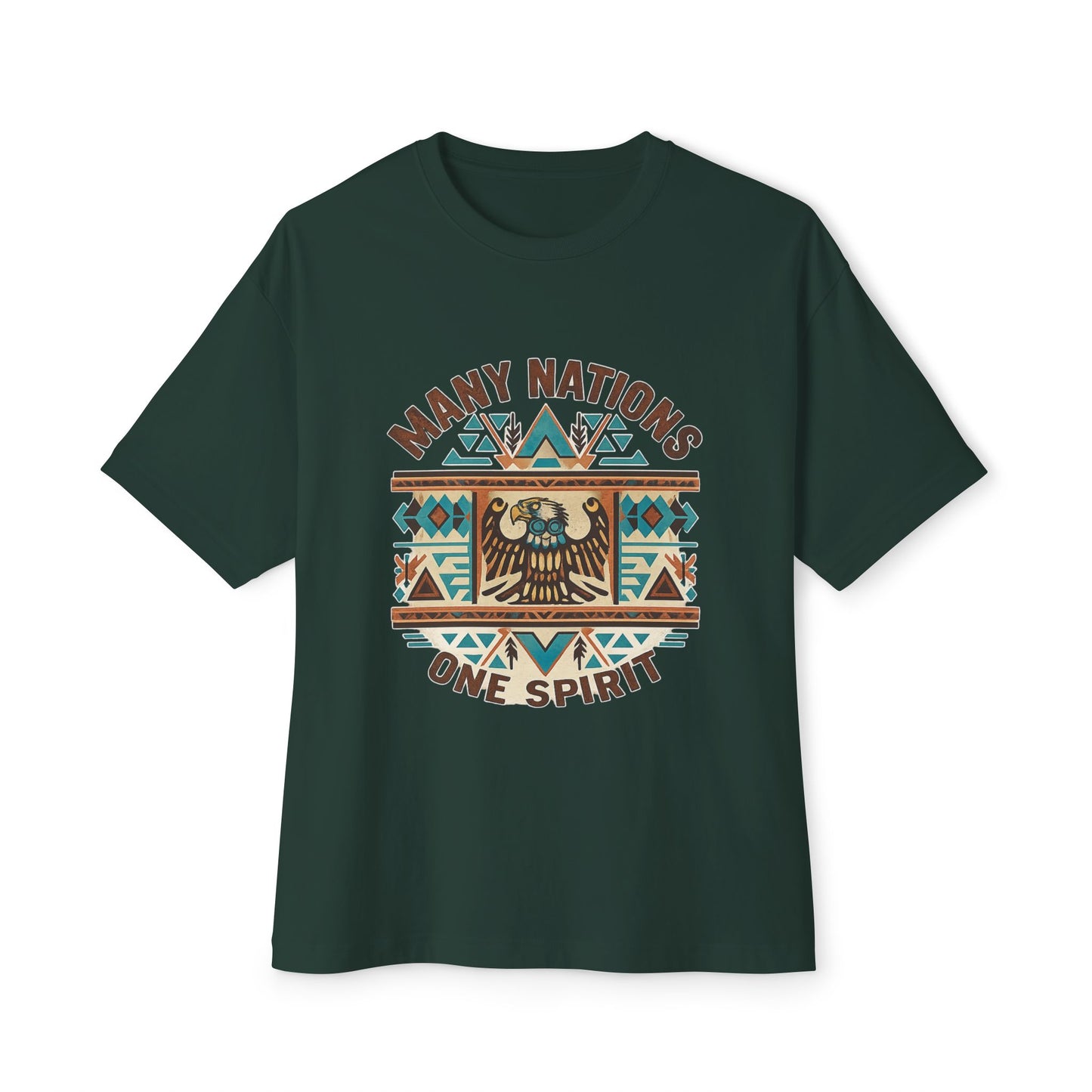Green t-shirt with 'Many Nations One Spirit' design on a white background