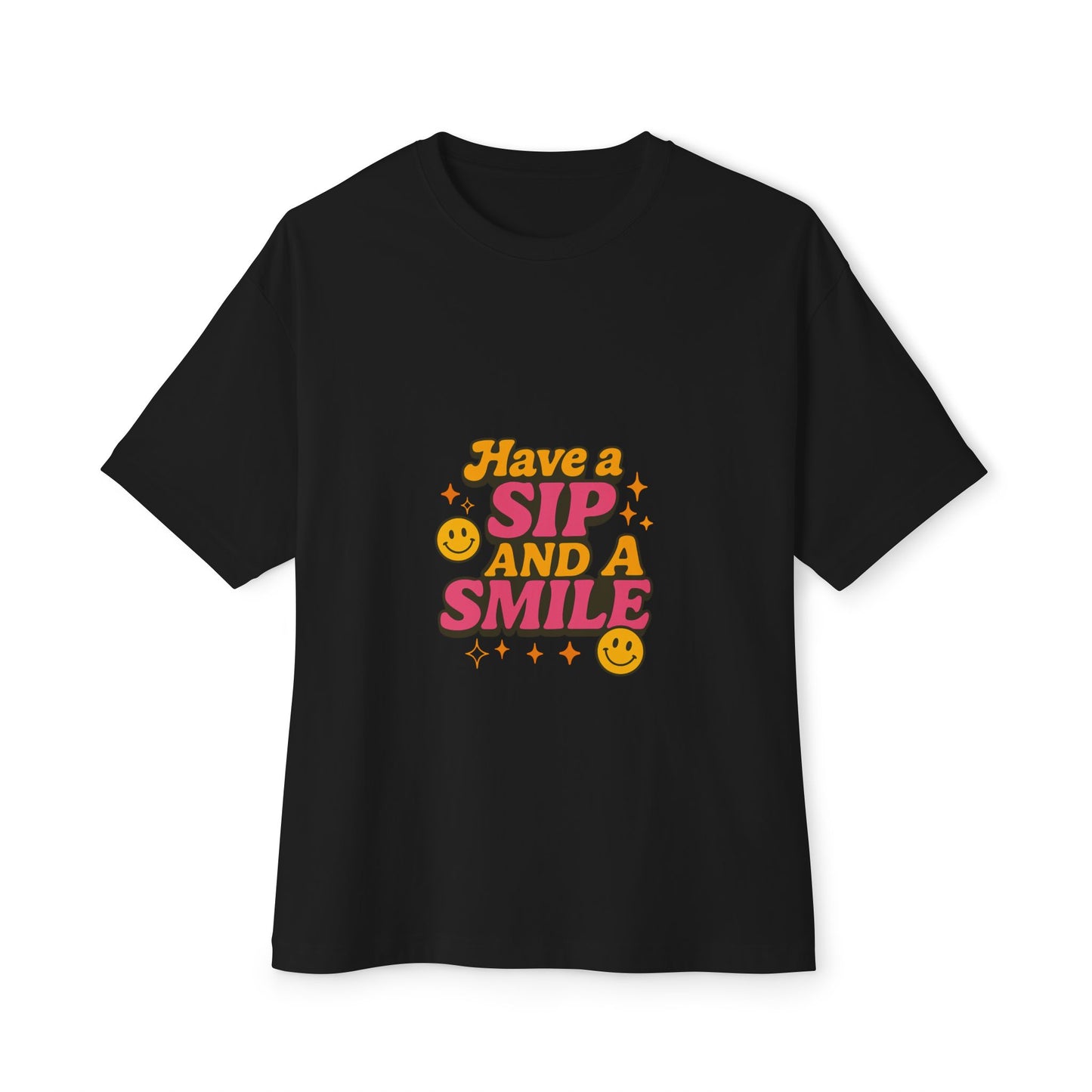 Black t-shirt with colorful text and smiley faces on a white background