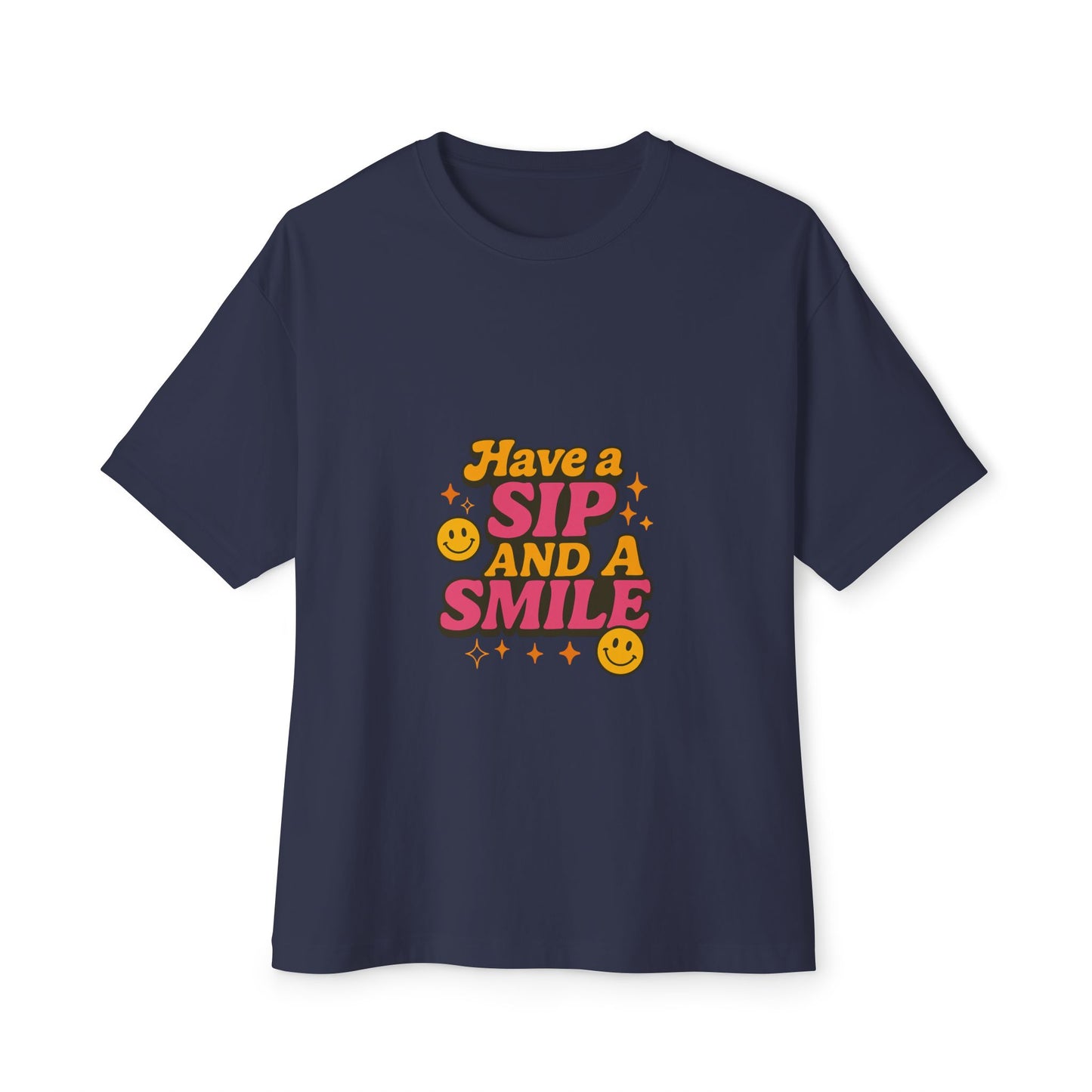 Navy blue t-shirt with colorful text and smiley faces on a white background
