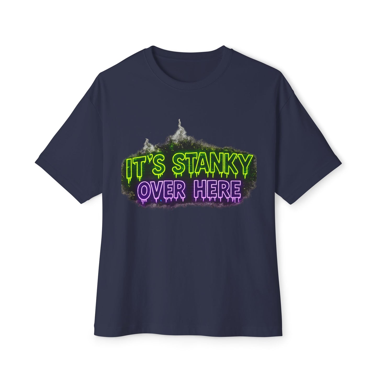 "It's Stanky Over Here graphic tee in Navy – neon green and purple Boo Crew print, urban streetwear humor tee, Boo Thang Collection."
