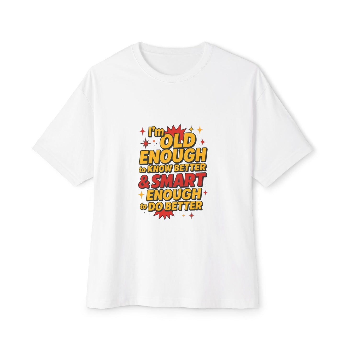 White t-shirt with colorful text design on a white background