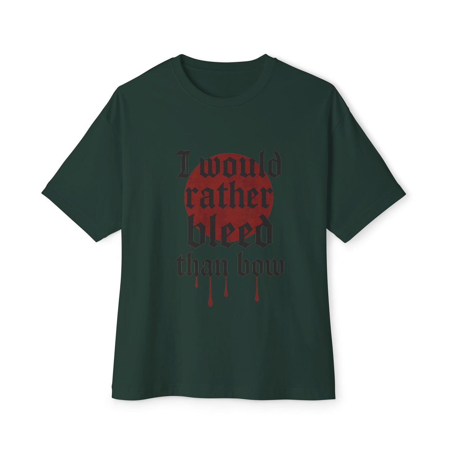 Dark green t-shirt with red and white text and design on a white background
