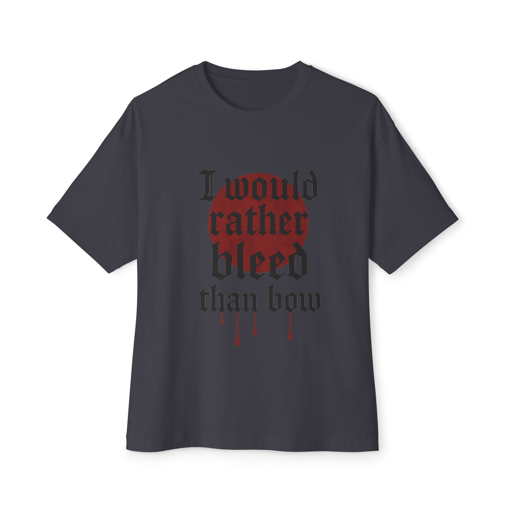 Dark gray t-shirt with red and black graphic design on a white background
