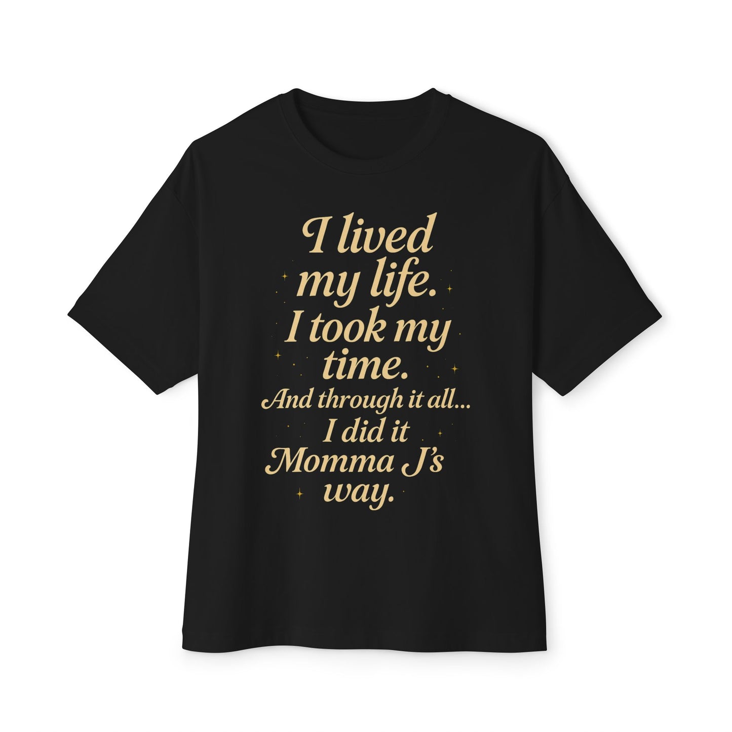Black t-shirt with gold text on a white background