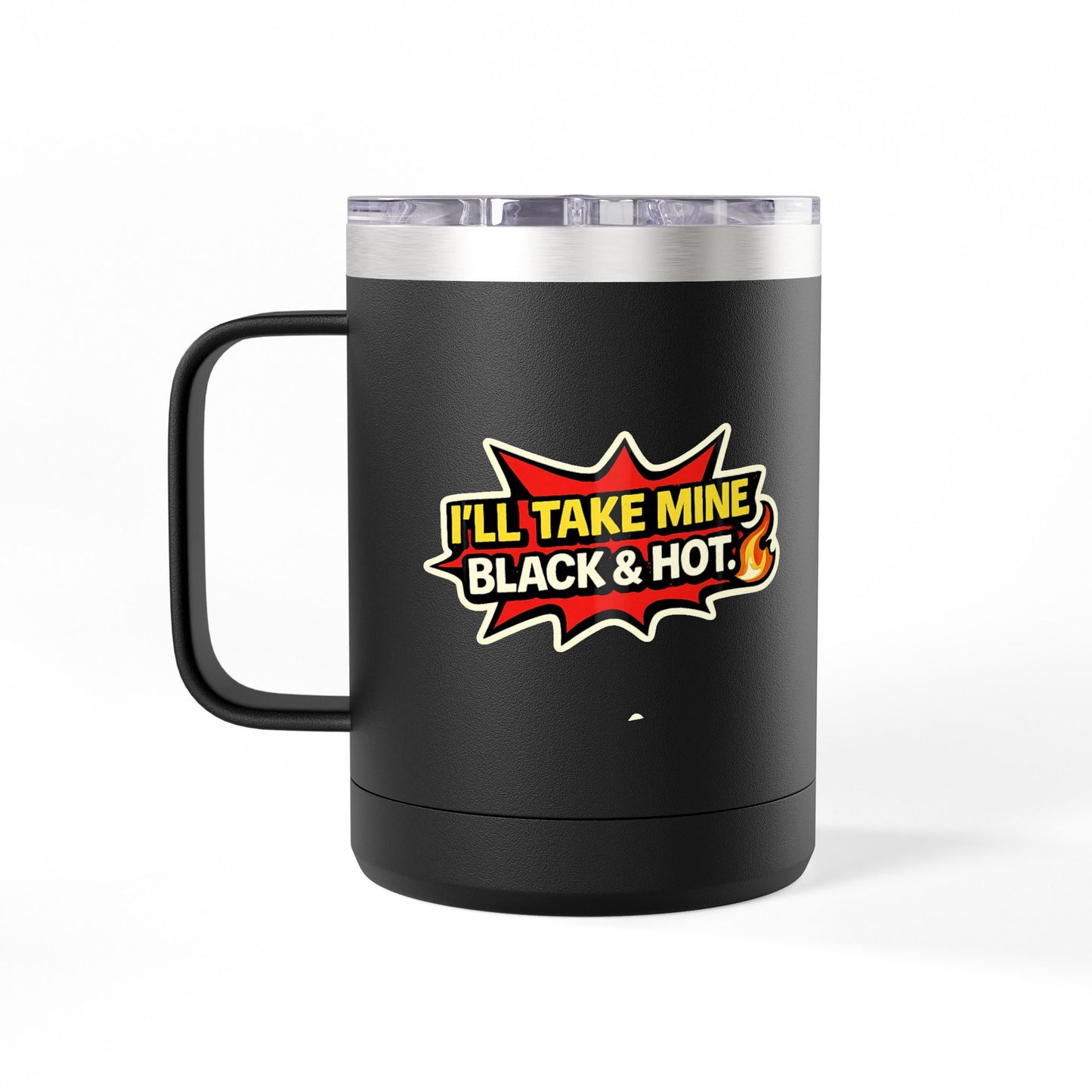 Black insulated mug with colorful text design on a white background