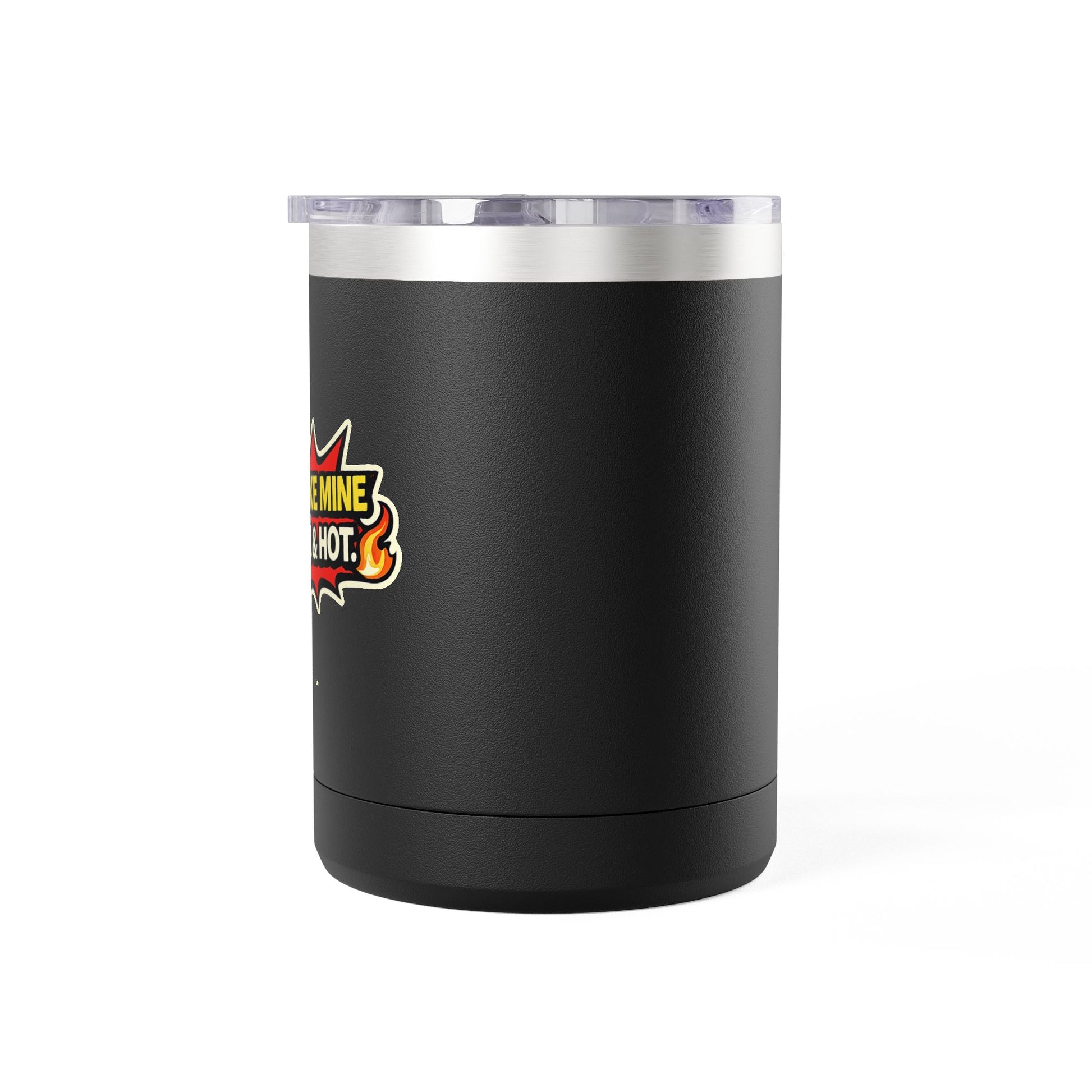 Black insulated tumbler with a colorful sticker on a white background