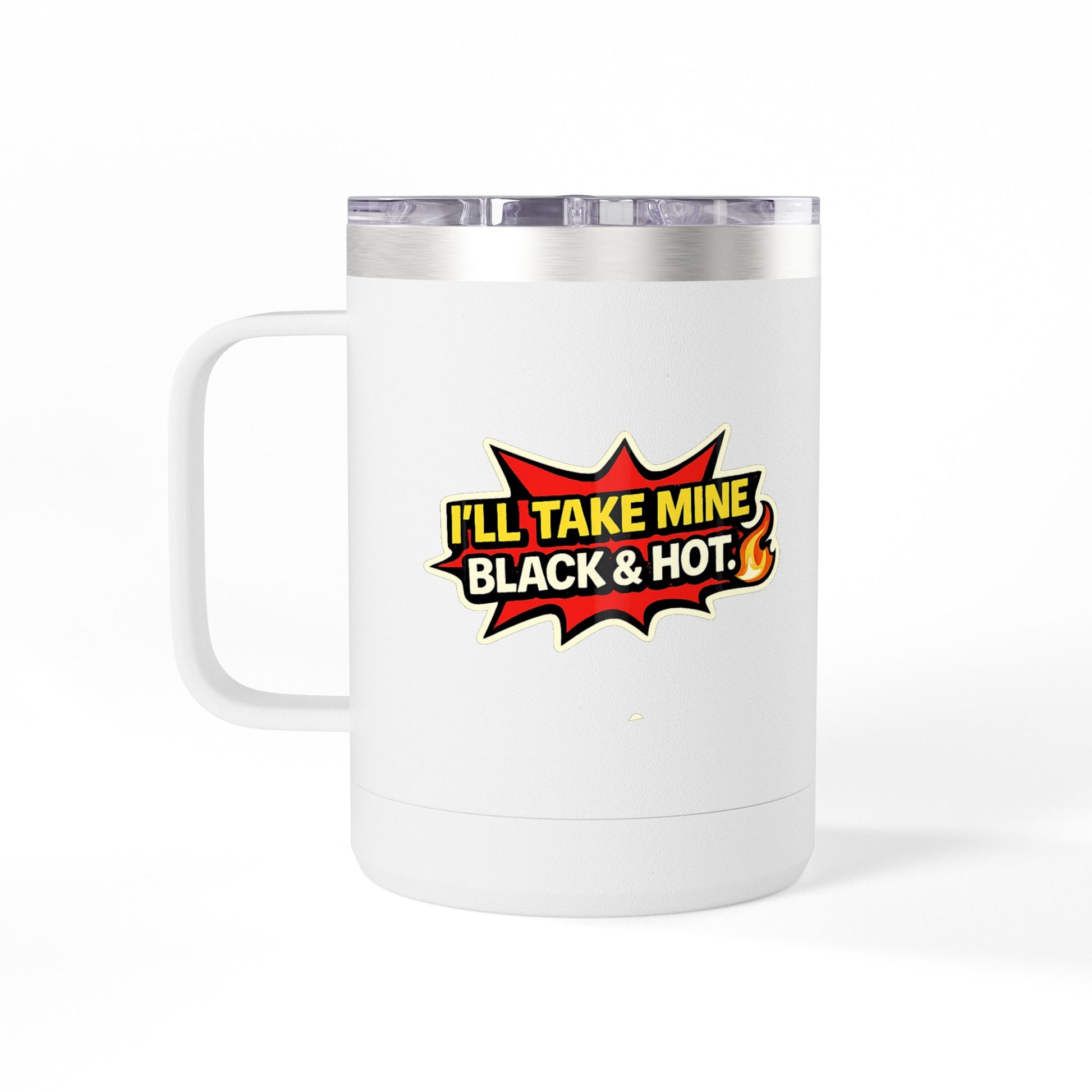 White mug with a colorful graphic and text on a white background