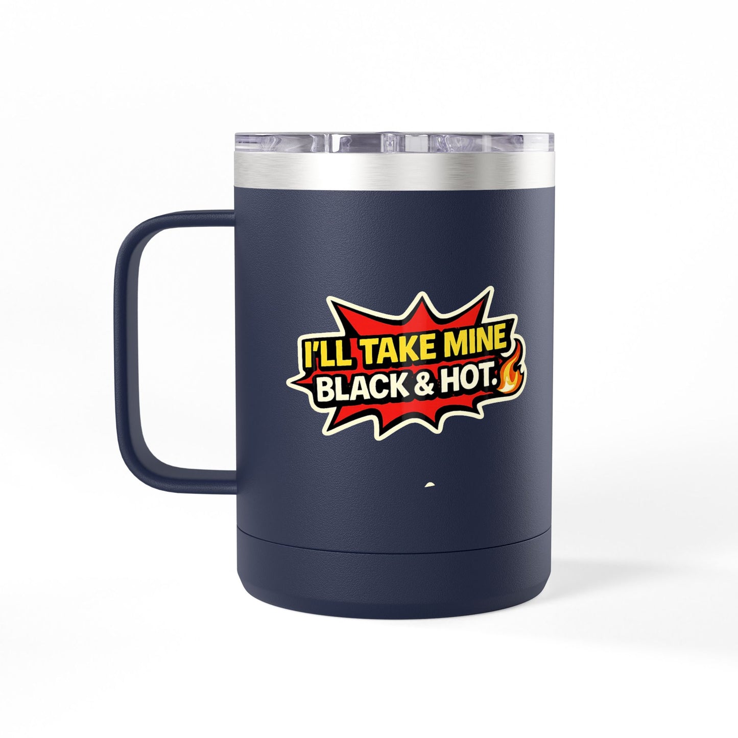 Navy blue mug with a colorful graphic and text on a white background