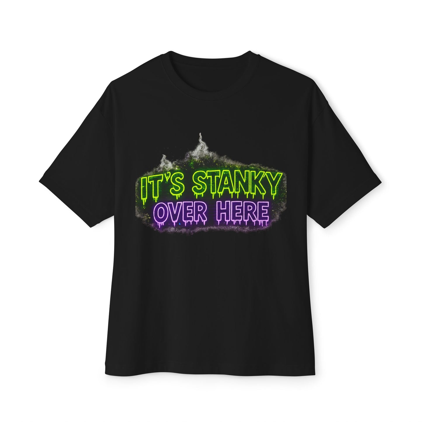 "It's Stanky Over Here graphic tee in Black – neon green and purple Boo Crew print, urban streetwear humor tee, Boo Thang Collection."