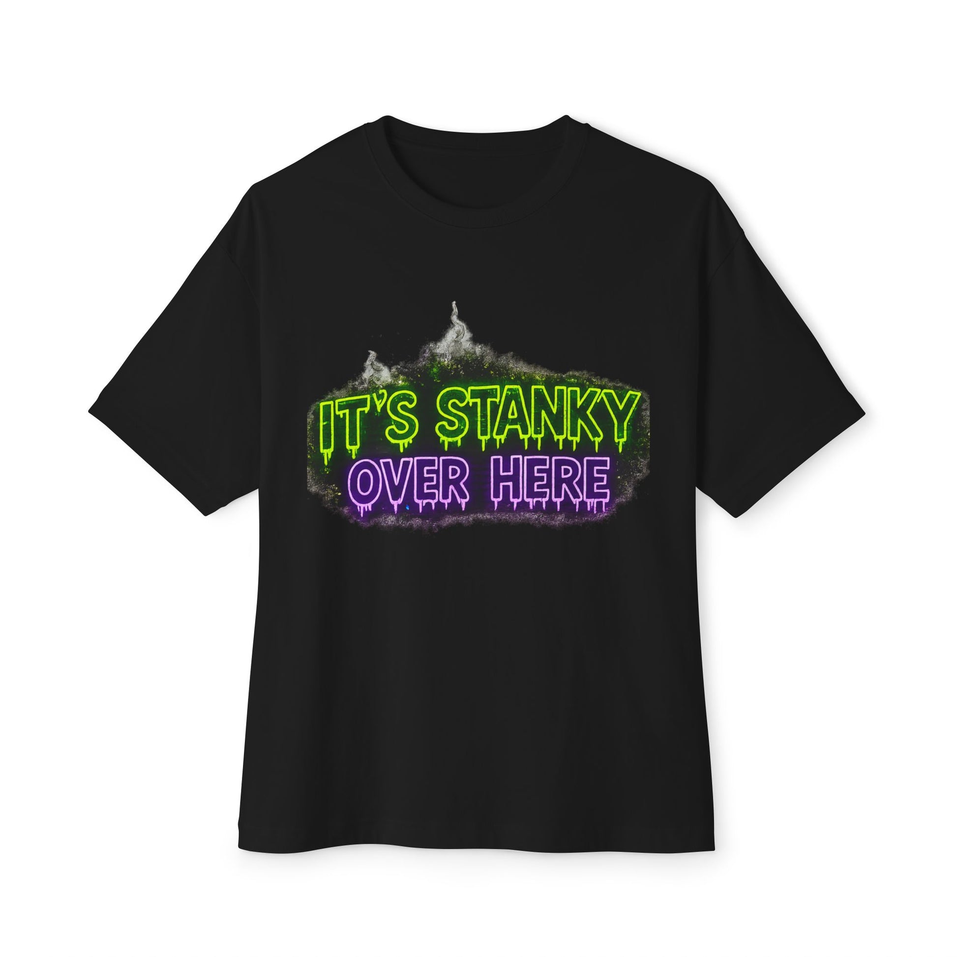 "It's Stanky Over Here graphic tee in Black – neon green and purple Boo Crew print, urban streetwear humor tee, Boo Thang Collection."