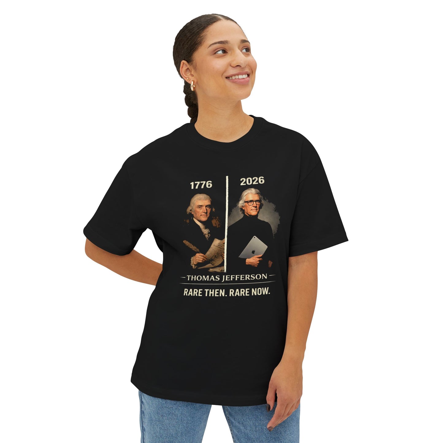 Woman wearing Black Jefferson T shirt