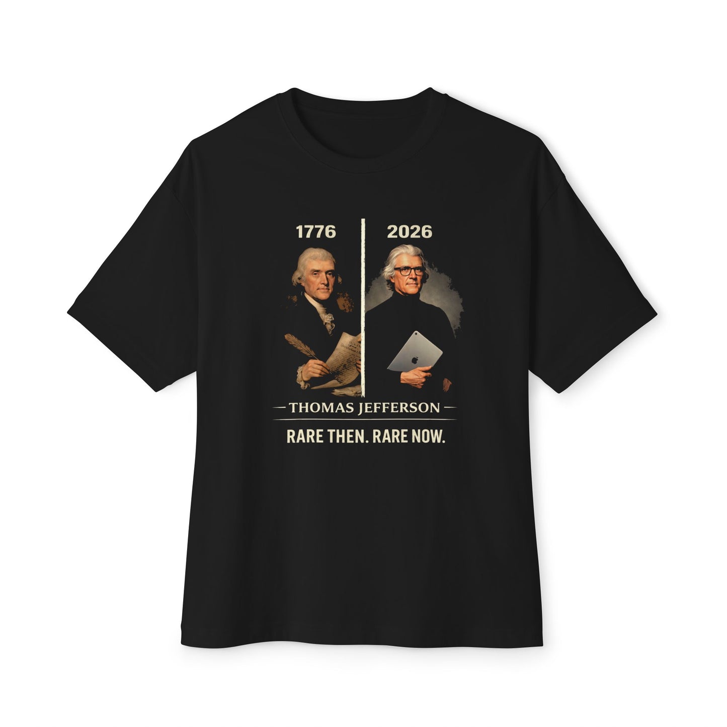 Black t-shirt with graphic of Thomas Jefferson and text on a white background