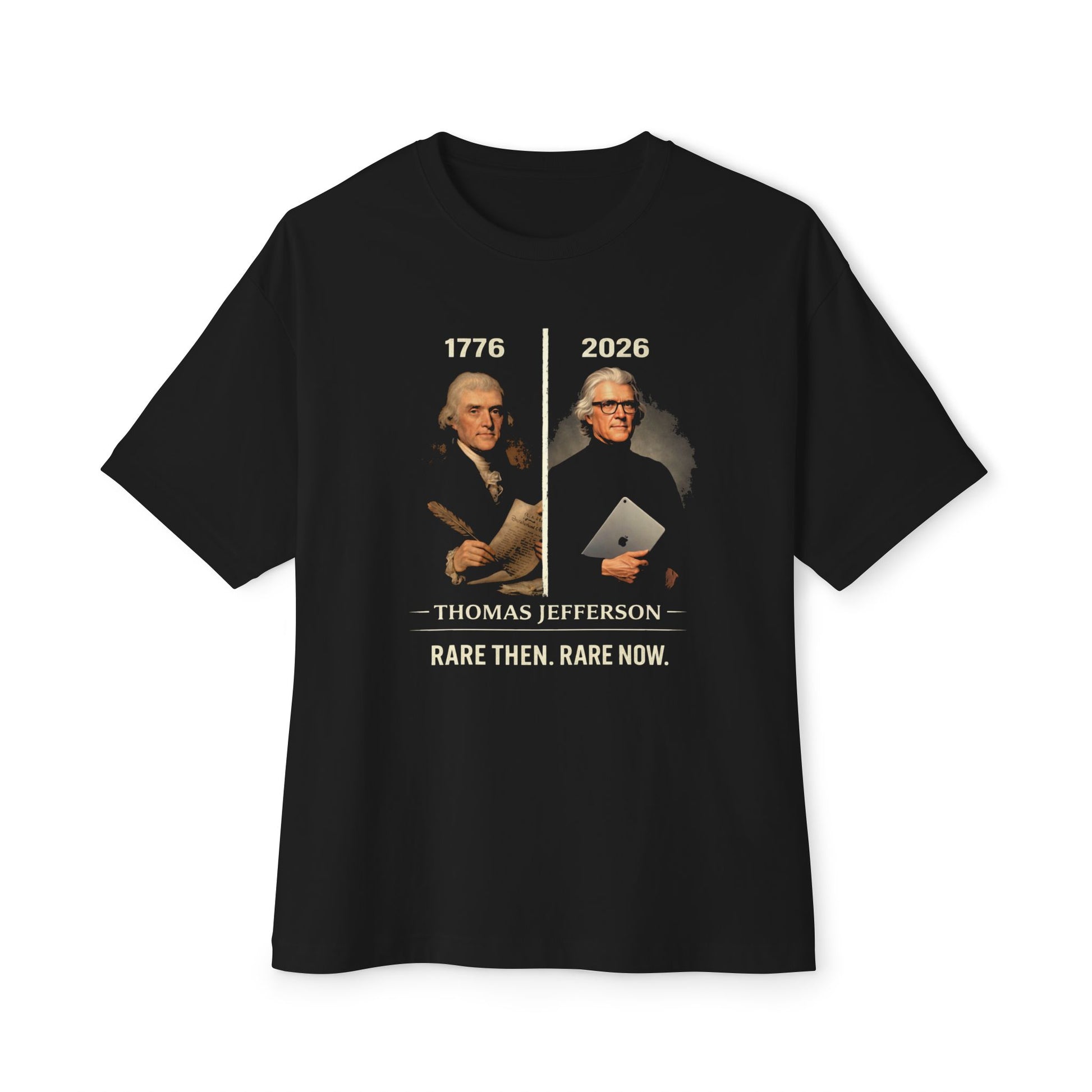 Black t-shirt with graphic of Thomas Jefferson and text on a white background