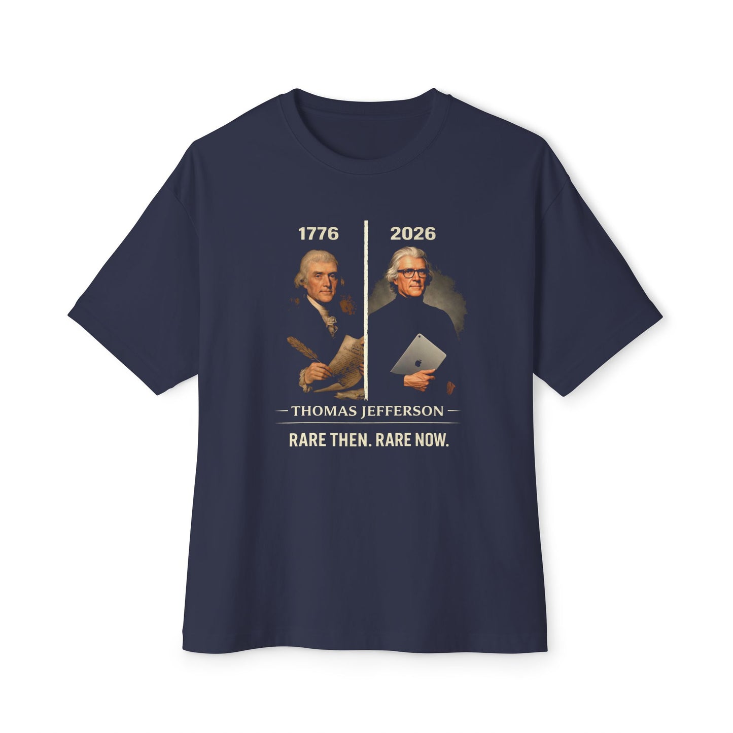 Navy blue t-shirt with a graphic of Thomas Jefferson and text on a white background