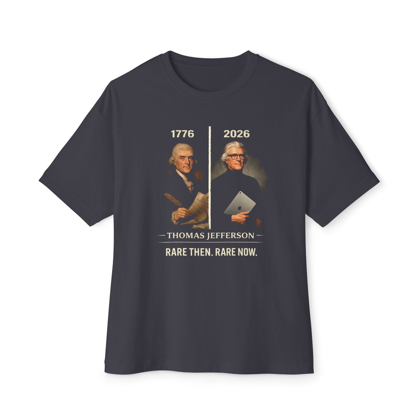 Gray t-shirt with graphic of Thomas Jefferson and text on a white background