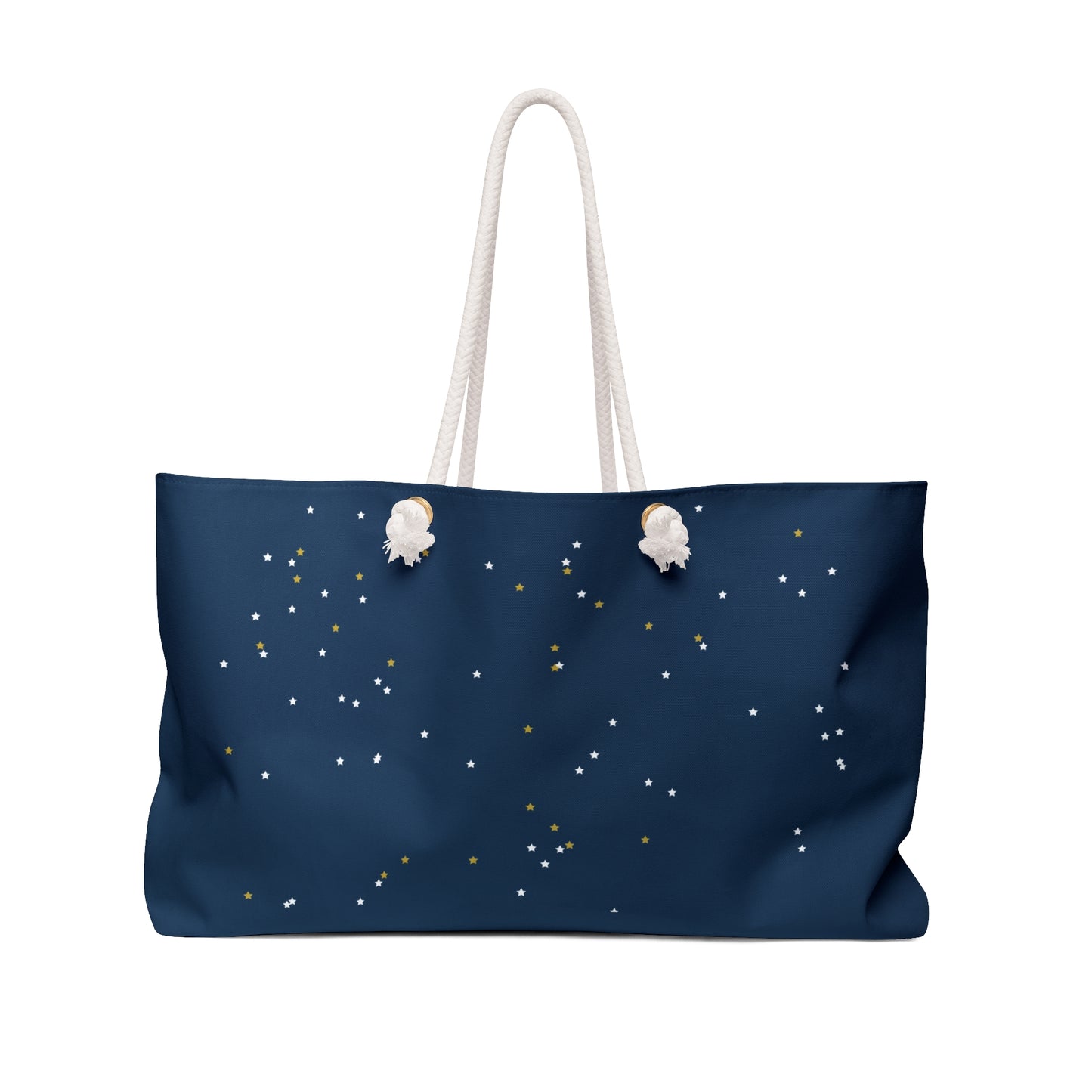 "Navy Land of the Free weekender bag with scattered star constellation pattern and cream rope handles"