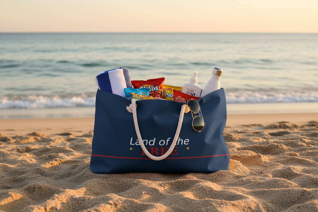 "Navy Land of the Free weekender bag with scattered star constellation pattern and cream rope handles" beach bag