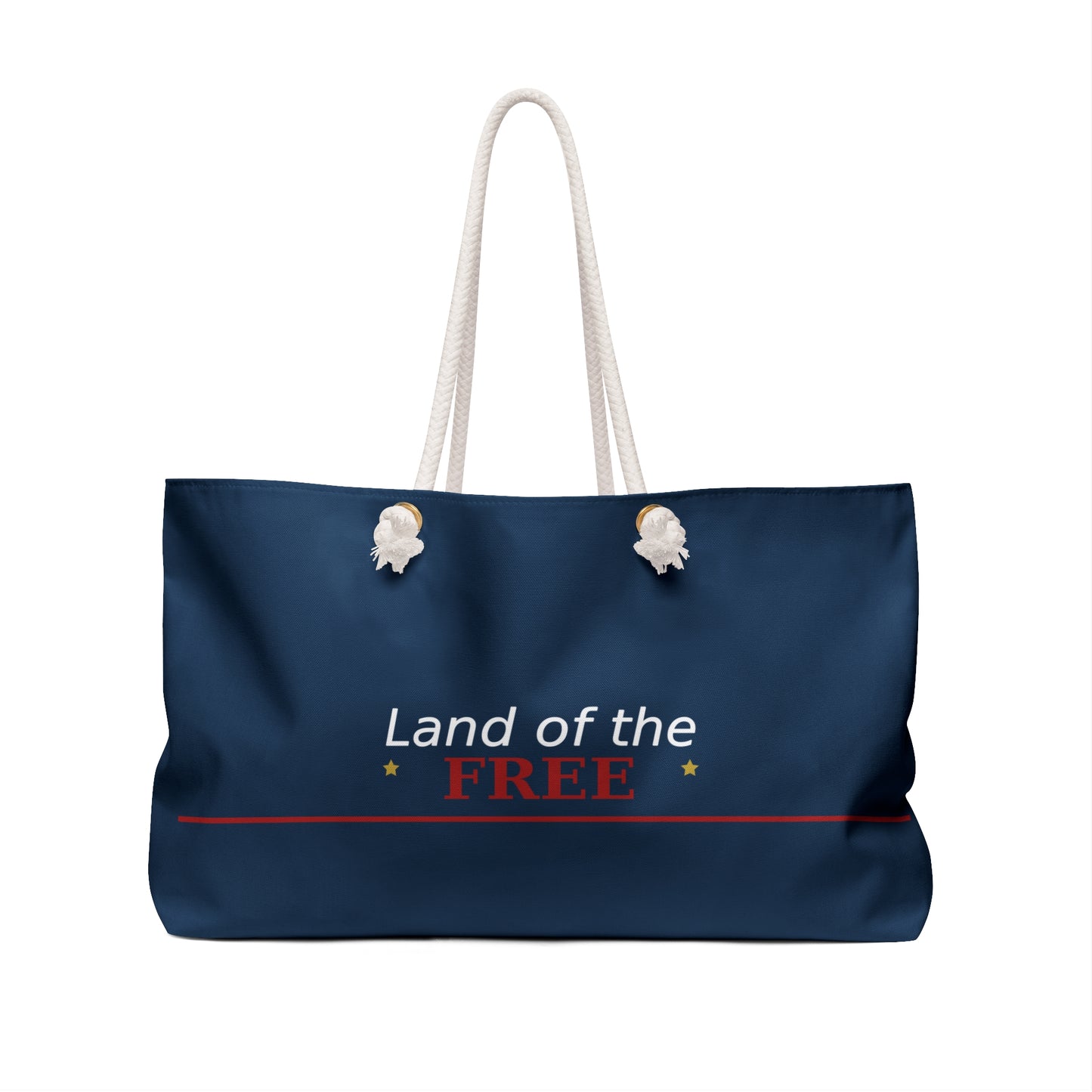 "Navy Land of the Free weekender bag with land of the free script and cream rope handles"