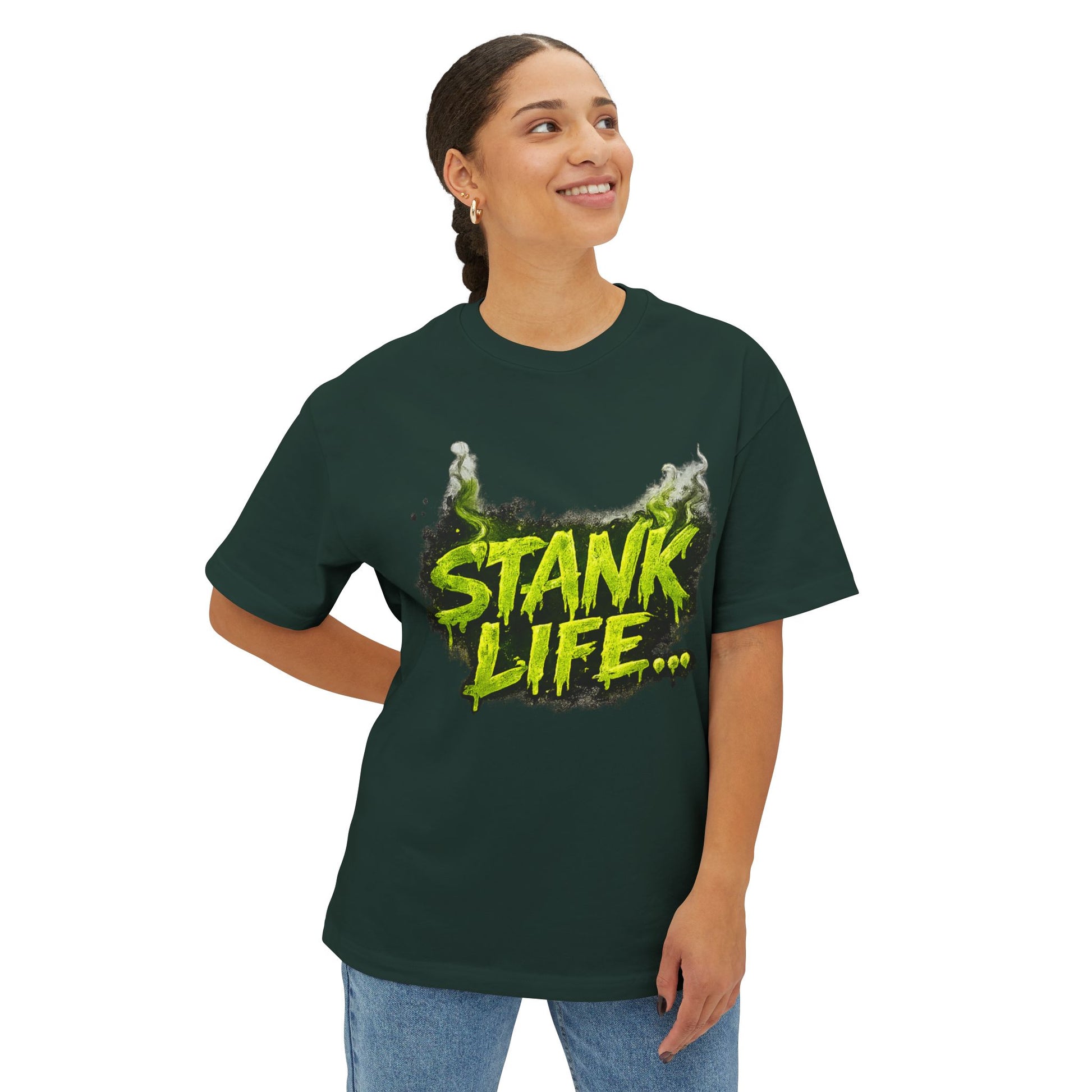 Model wearing "Stank Life graphic tee in Forest – neon green Boo Crew graffiti print, urban streetwear humor tee, Boo Thang Collection."