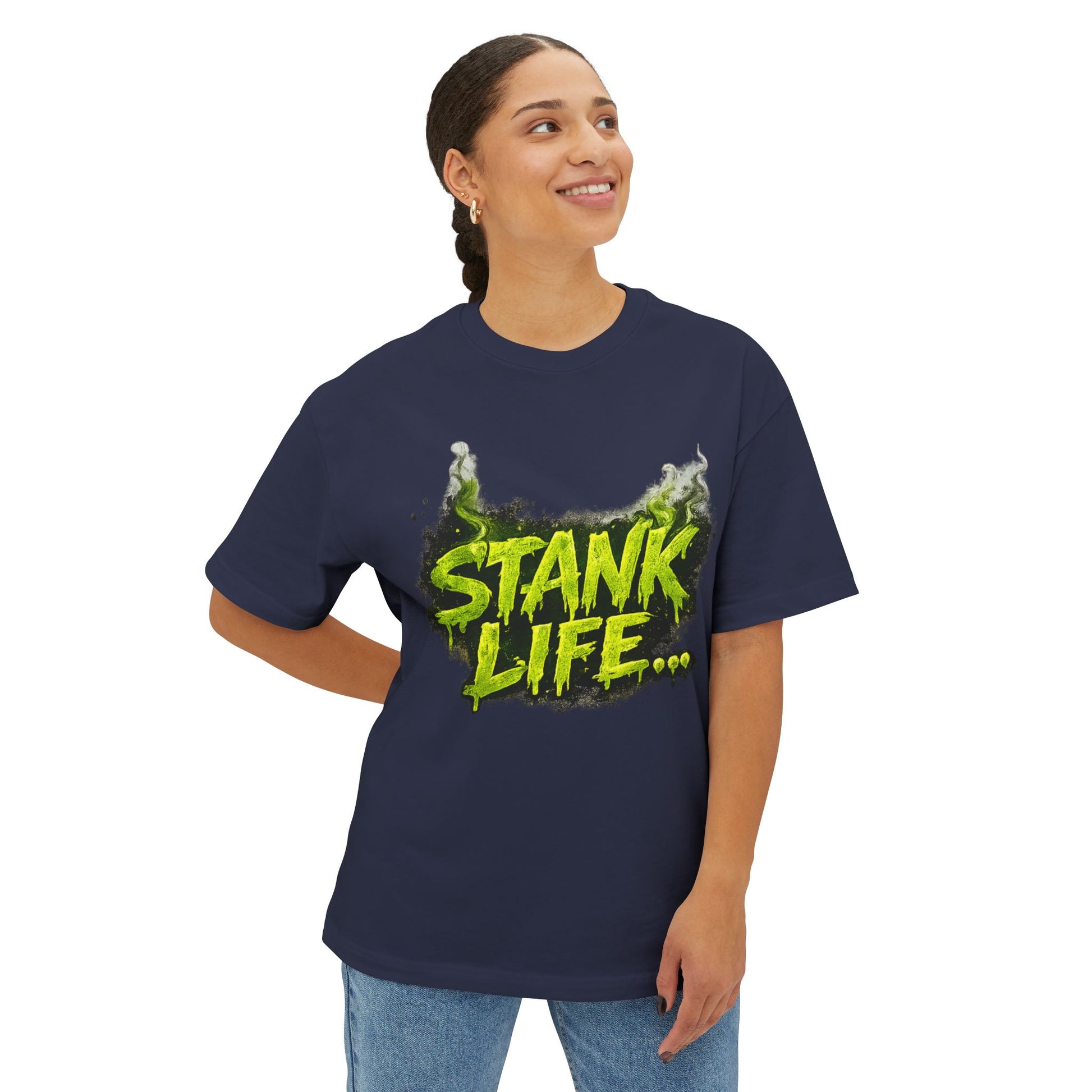 Model wearing "Stank Life graphic tee in Navy – neon green Boo Crew graffiti print, urban streetwear humor tee, Boo Thang Collection."