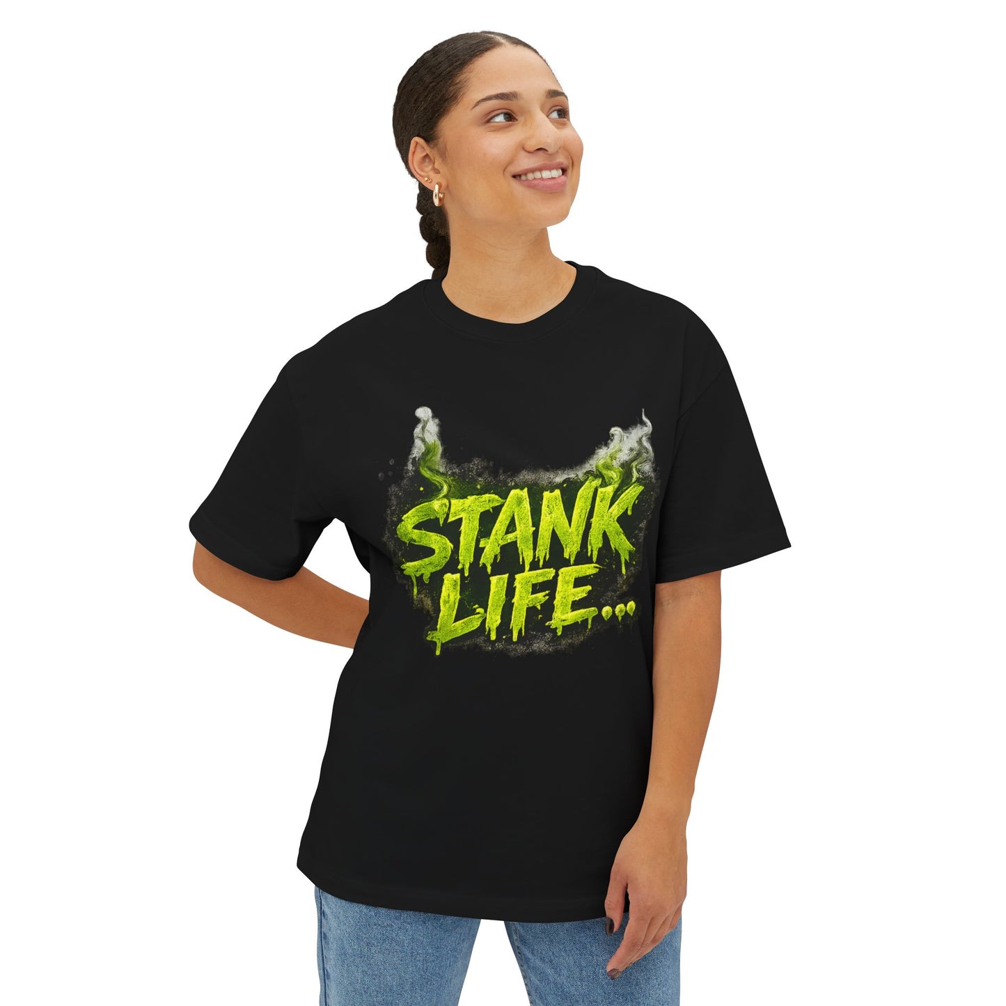 MODEL WEARING "Stank Life graphic tee in Black – neon green Boo Crew graffiti print, urban streetwear humor tee, Boo Thang Collection."