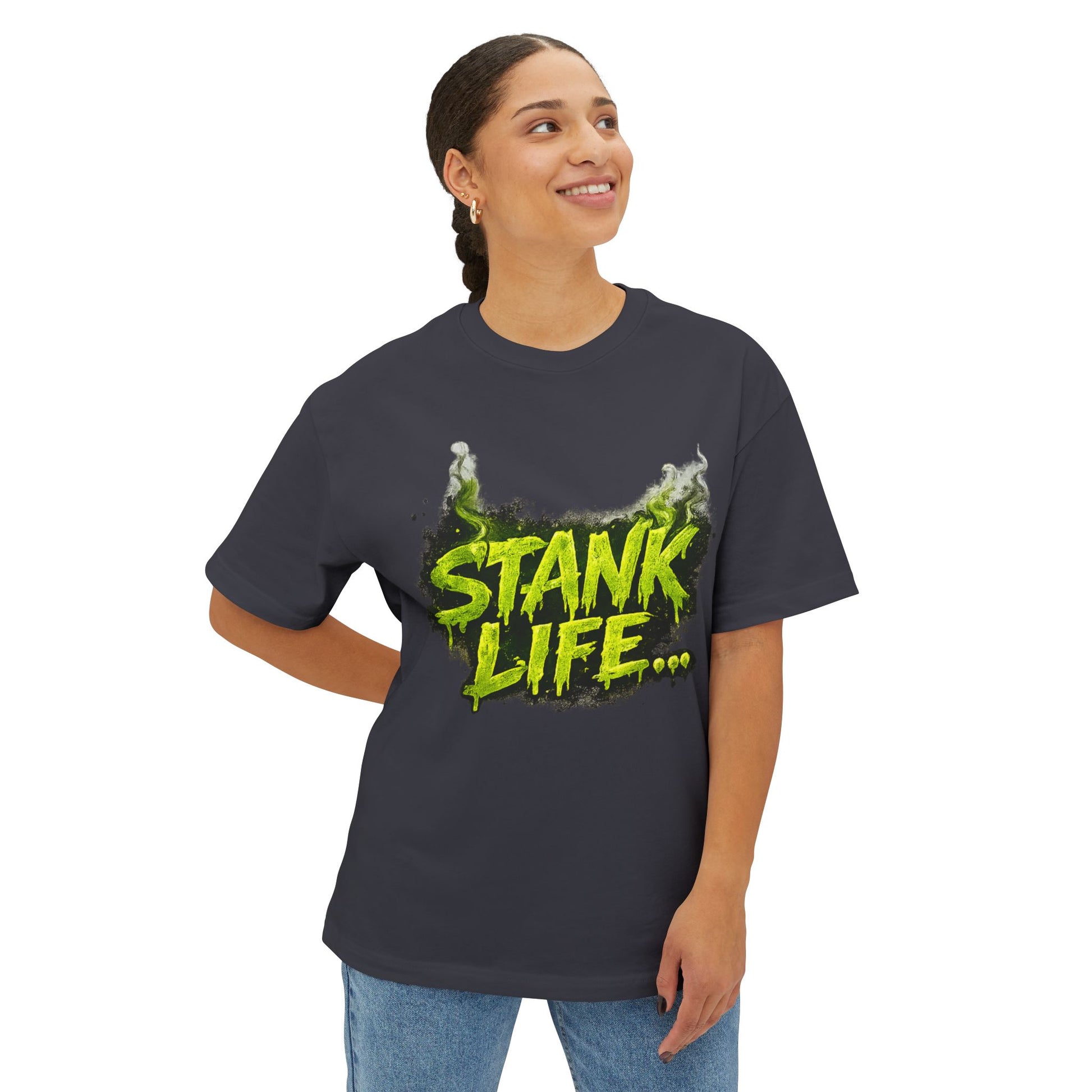 Model wearing "Stank Life graphic tee in Charcoal– neon green Boo Crew graffiti print, urban streetwear humor tee, Boo Thang Collection."