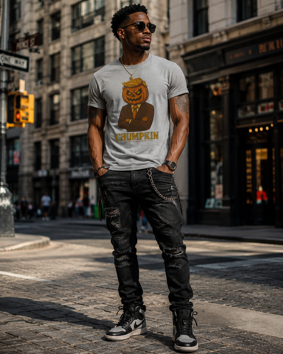 Dark Grey (man, NYC street corner, Jordan 1s) — "Man in dark grey Chumpkin Boo Thang graphic tee standing on a New York City street corner in ripped jeans and Jordan 1s, urban street style"