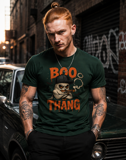 Forest Green (red-haired man, tattoos, vintage car, graffiti alley) — "Man in forest green Boo Bastic Boo Thang graphic tee with tattoo sleeves leaning on a vintage car in a graffiti-covered urban alley, street style"
