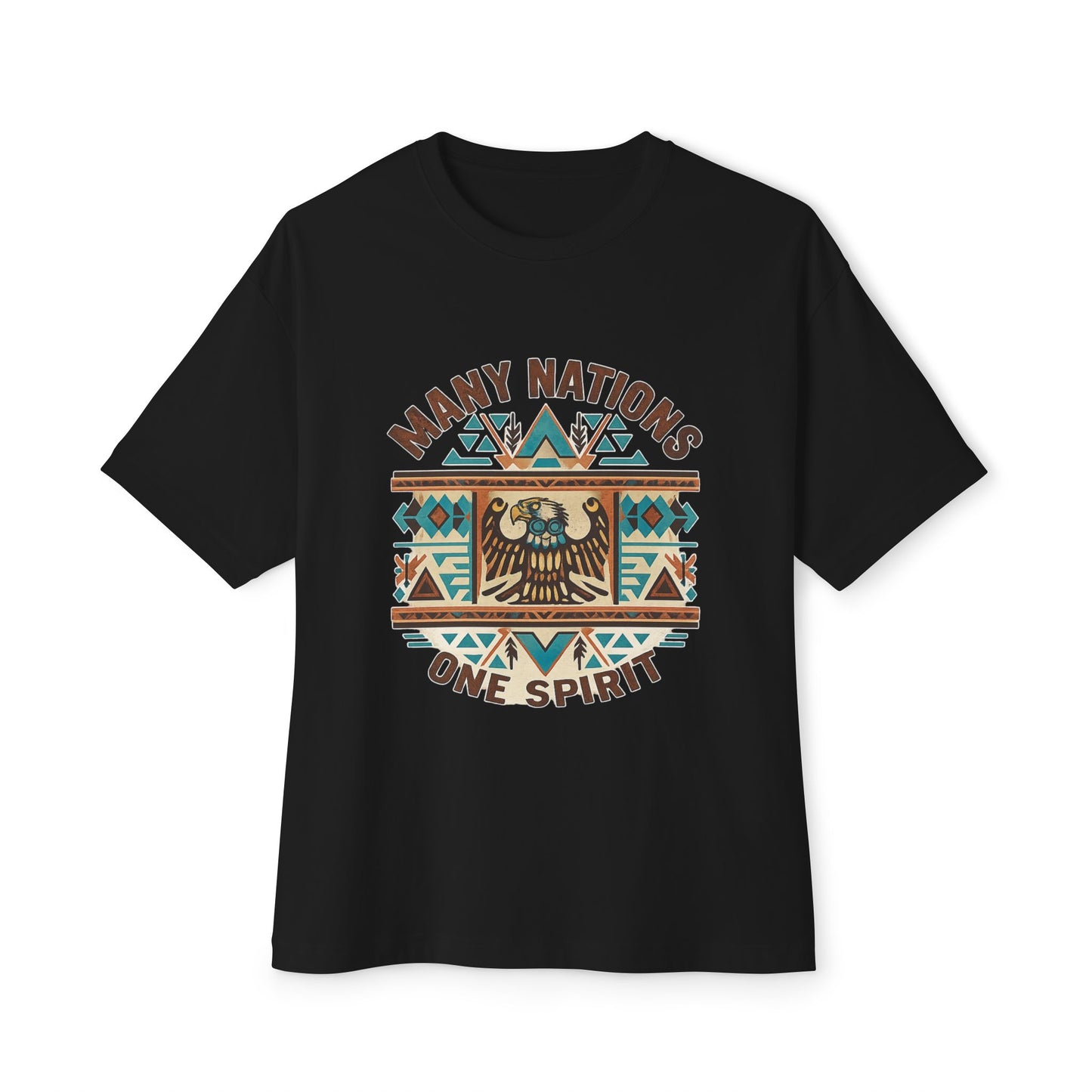 Black t-shirt with 'Many Nations One Spirit' design on a white background