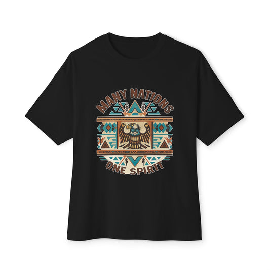 Black t-shirt with 'Many Nations One Spirit' design on a white background