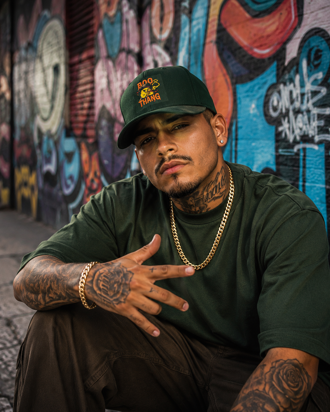 Model wearing Boo Bastic Hunter green embroidered dad cap seated against colorful graffiti wall, gold chain, tattoos, streetwear style